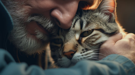 Close-up photograph of a veterinarian comforting a nervous cat, calming gestures, clinic setting visible Generative AIの素材