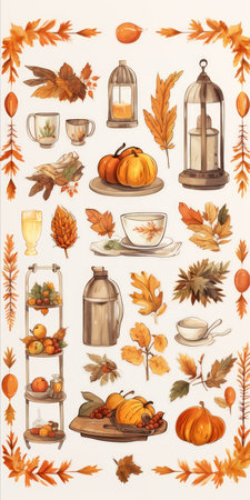 Digital stickers displaying a Thanksgiving family gathering in atmospheric watercolor hues, featuring loose linework for a cottagepunk-inspired cozy setting Generative AIの素材