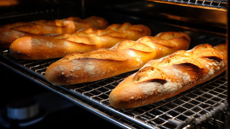Baguettes cooling on a wire rack after being baked to golden perfection in a traditional brick oven Generative AIの素材