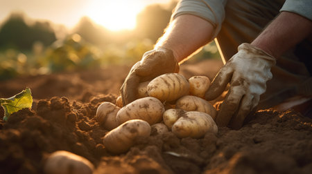 Close-up view capturing hands pulling up fresh potatoes from the soil during the harvest season in a rural potato farm. Generative AIの素材