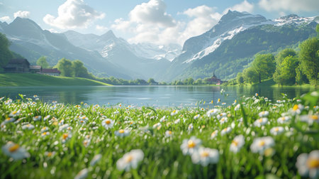 Idyllic Swiss lakeshore scene showcasing lush meadows meeting the tranquil waters, realistic macro views of green grass, and the grandeur of the surrounding mountains Generative AIの素材