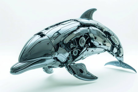 Conceptual image of a roboticized dolphin with technological augmentations, showcased against a clean white setting Generative AIの素材