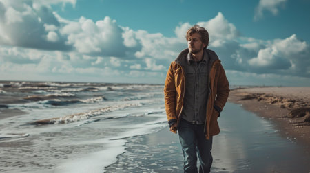 Conceptual image of a man strolling along the seashore, hands in pockets, with a calm and serene expression Generative AIの素材