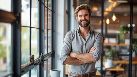 Conceptual image of a man in an office, standing by a window, smiling contently while holding a cup of coffee Generative AIの素材