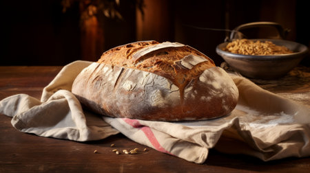 Crusty whole grain artisan bread, depicting the art of baking with detailed scoring and texture. Generative AIの素材