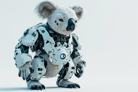 Conceptual image of a roboticized koala with technological augmentations and robotic enhancements, showcased against a clean white setting Generative AIの素材