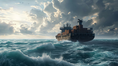 Enormous freighter at sea, containers neatly arranged, cloudy sky, dramatic waves, detailed and moody photorealistic scene Generative AIの素材