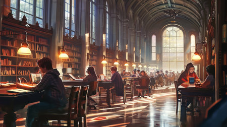 Library desk scene with an assortment of books stacked neatly alongside an open laptop, a blend signifying education technology and e-learning Generative AIの素材