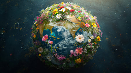 Conceptual photo of Earth depicting continents covered in a realistic array of blossoming flowers, illustrating the diversity of floral ecosystems across continents, symbolizing the planet's natural splendo Generative AIの素材