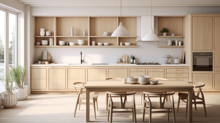 Detailed photorealism portraying a Scandinavian-style kitchen with clean aesthetics, light wood tones, and minimal decor. photorealistic Generative AIの素材