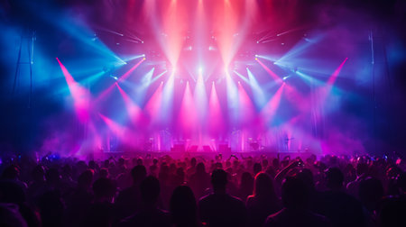 Energetic concert stage with vibrant stage lights, crowd silhouette, and electrifying concert visuals, ideal for music or performance streams Generative AIの素材