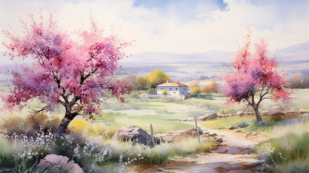 Peaceful countryside covered in blooming flowers. aquarelle Generative AIの素材