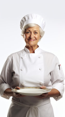 Middle-aged female chef in chef attire, subtle smile, holding a dish, presenting proudly, against a plain white backdrop Generative AIの素材
