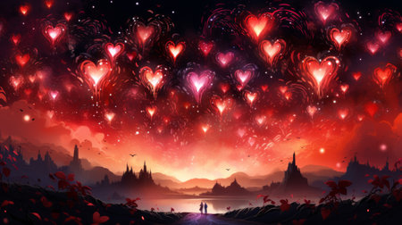 Digital illustration of a festive scene with fireworks forming shapes like hearts and stars. Generative AIの素材