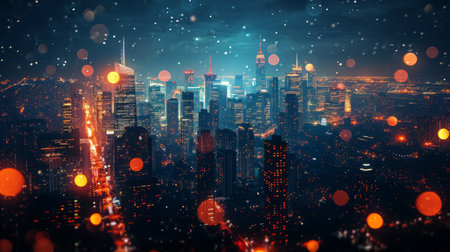 Nighttime cityscape event background, skyline view, city lights, and skyscrapers, creates an urban and vibrant atmosphere Generative AIの素材