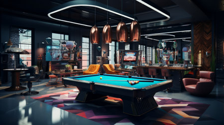 Extravagant gaming room with billiards and arcade games. Generative AIの素材