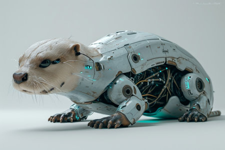 Realistic depiction of a robotically modified otter with mechanical enhancements and cybernetic features, set against a plain white backdrop Generative AIの素材