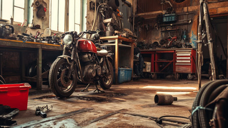 Motorcycle repair, grease-stained floors, engine parts, gritty ambiance, high-definition workshop setting Generative AIの素材