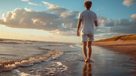 Realistic photo concept of a man walking barefoot on the seashore, looking towards the horizon with a relaxed expression Generative AIの素材