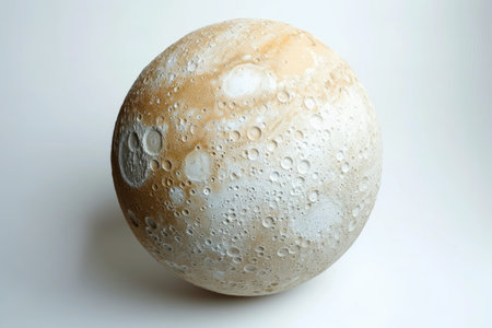 Realistic portrayal of Callisto, one of Jupiter's moons, exhibiting its heavily cratered surface against a bright white backdrop Generative AIの素材