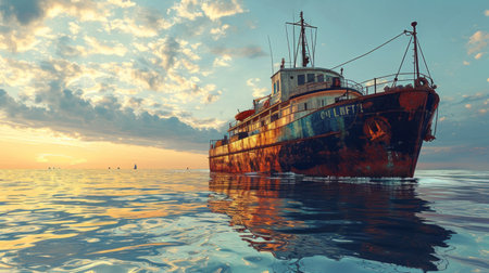 Panoramic shot of a cargo ship in calm waters, clear skies, distant horizon, detailed linework, Generative AIの素材