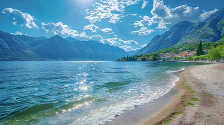 Photo capturing the beauty of the Bay of Kotor on a clear day, fluffy clouds adorning the blue sky, sunlight illuminating the waves, and the stony shore bordered by lush mountains Generative AIの素材