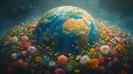 Realistic depiction of Earth with continents blossoming into vivid floral patterns, each continent exhibiting an array of flowers, showing the planet's natural beauty and floral diversity from an aerial view Generative AIの素材