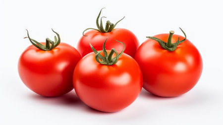Close-up realistic photo of three plump, ripe tomatoes on a white background Generative AIの素材