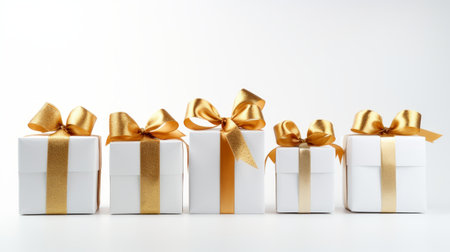 5 white gifts wrapped with golden ribbon on a white isolated background Generative AIの素材