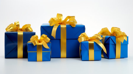 Generative AI 5 blue gifts wrapped with yellow ribbon on a white isolated backgroundの素材
