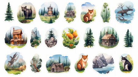 Cottagepunk-inspired digital stickers illustrating wildlife conservation efforts, including reforestation and habitat preservation, in atmospheric watercolor settings. Generative AIの素材