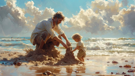 Realistic depiction of a man building a sandcastle with a child on the seashore, sharing a joyful and playful moment Generative AIの素材