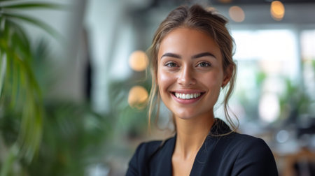 Realistic depiction of a woman in a corporate office environment, smiling confidently during a discussion in a meeting room Generative AIの素材