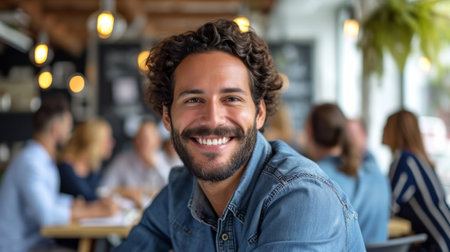 Realistic portrayal of a man in an office setting, smiling cheerfully during a team meeting or brainstorming session Generative AIの素材
