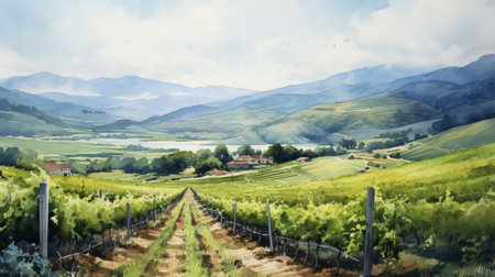 A picturesque vineyard with rows of grapevines and hills in the backdrop. landscape watercolor Generative AIの素材