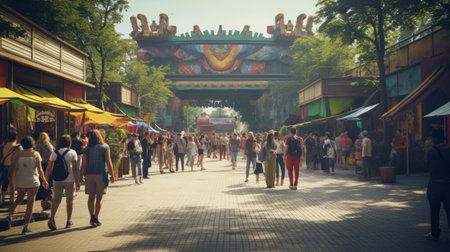 Generative AI Zoo entrance with visitors purchasing tickets, colorful signage, and families excitedly entering the zoo premisesの素材