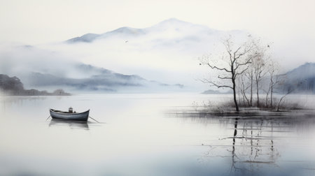 A serene, fog-covered lake with a lone boat drifting landscape watercolor Generative AIの素材