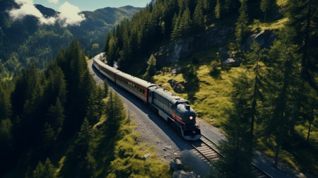 Generative AI Top-down perspectives of a train chugging through a picturesque alpine landscape on a mountain railway.の素材