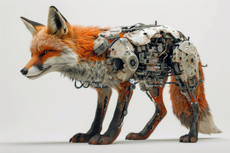 Realistic depiction of a cybernetically enhanced fox with robotic parts and technological upgrades, set against a plain white backdrop Generative AIの素材