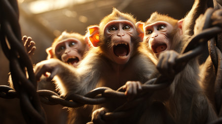 Generative AI Visitors observing a playful group of monkeys swinging and interacting in their habitat at the zooの素材