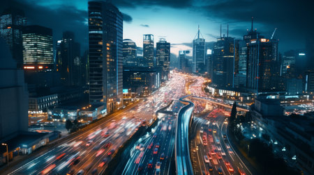 A time-lapse sequence capturing the city's traffic flow, from bustling highways to local streets. Generative AIの素材