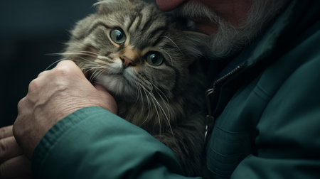 Generative AI Close-up photograph of a veterinarian comforting a nervous cat, calming gestures, clinic setting visibleの素材