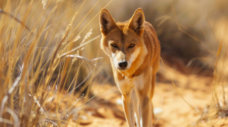 A brown and white dog is walking through a dry grass field. The dogs fur blends with the earthy colors of the landscape. The serene atmosphere is disrupted by the dogs movement.の素材