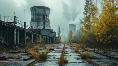 Generative AI Remnants of Chernobyl's cooling towers, broken structures, overgrown with nature, moody atmospheric tones, realistic depictionの素材