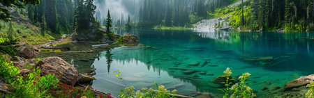 A blue lake glistens amidst a dense forest, its calm waters reflecting the surrounding greenery. Towering trees create a picturesque scene around the serene body of water.の素材