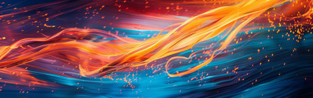 A vibrant painting on a blue background featuring contrasting elements of fire and water. The fiery orange and yellow flames dance across the canvas, while the cool blue tones of water create a striking visual contrast.の素材