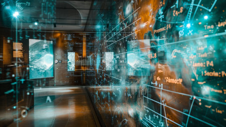 A room packed with a multitude of electronic screens displaying various data, graphs, and information. The screens are illuminated, providing a futuristic and technologically advanced atmosphere.の素材