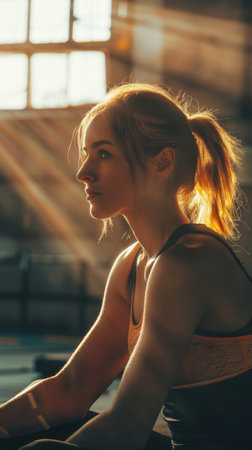 A woman is seated on a bench inside a gym, appearing focused and engaged in her workout routine. She is surrounded by exercise equipment and fitness gear.の素材