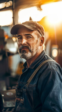 A man wearing a hat and overalls stands confidently in front of a truck, showcasing a rugged and industrial aesthetic.の素材