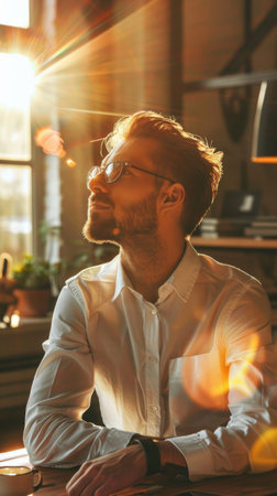 A man is seated at a table, his eyes closed in deep concentration or relaxation. His hands rest on the table, and his posture suggests he is focused on inner thoughts or meditation.の素材